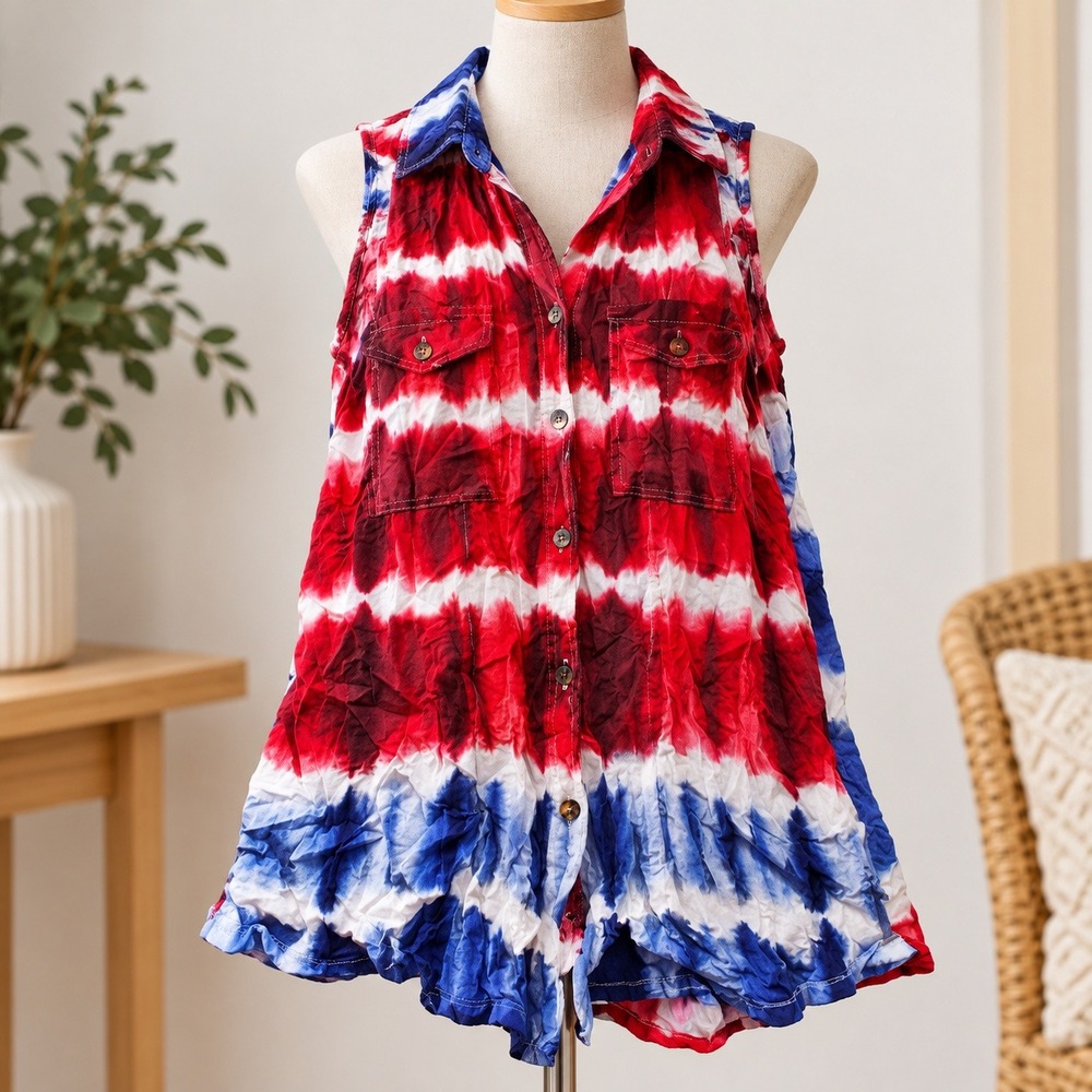 Rock & Republic Tie Dye Sleeveless Button Down Womens Size M Red White Blue Top